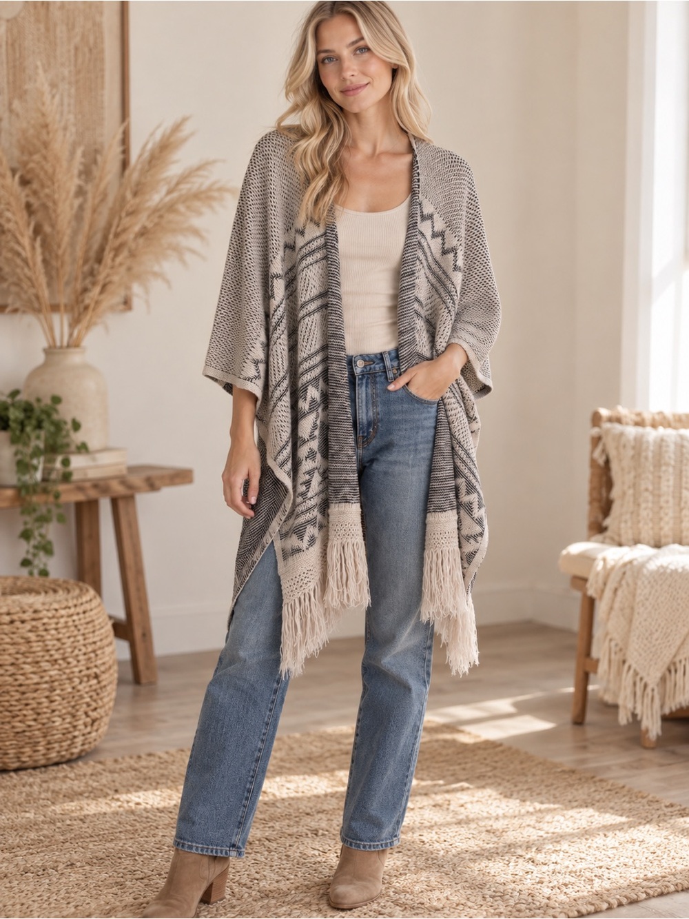 Love By Design Beige & Black Fringe Knit Poncho Cardigan Boho Aesthetic